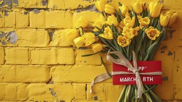 ai generiert Gelb Backstein Hintergrund das Gemälde von ein Gruß Karte glücklich März 8 .. foto