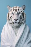 ai generiert Tiger mit Weiß Bademantel Pastell- Blau Hintergrund. foto