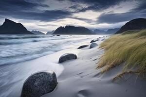 ai generiert uttakleiv Strand, mit dramatisch Berge und Spitzen, öffnen Meer und geschützt Buchten, Strände und unberührt landet. ai generiert foto