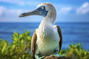 ai generiert das Selten Blaufuß Tölpel ruht auf das Strand. ai generiert foto