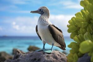 ai generiert das Selten Blaufuß Tölpel ruht auf das Strand. ai generiert foto