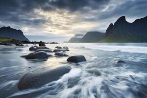 ai generiert uttakleiv Strand, mit dramatisch Berge und Spitzen, öffnen Meer und geschützt Buchten, Strände und unberührt landet. ai generiert foto