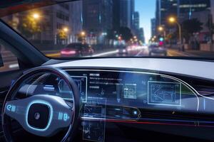 ai generiert modern Clever Auto Technologie intelligent System mit Köpfe oben Anzeige hud autonom selbst Fahren Modus Fahrzeug auf Stadt Straße mit Grafik Sensor Radar Signal System intelligent Wagen. foto