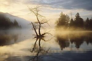 ai generiert Wanakas einsam Weide Baum welche ist gelegen gerade aus von das See Ufer. ai generiert foto