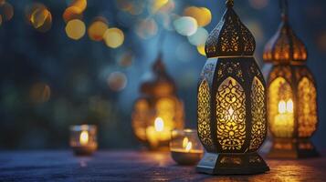 ai generiert islamisch Gruß eid Mubarak Karten zum Muslim Feiertage, eid-ul-adha Festival Feier. Arabisch Ramadan Laterne, Dekoration Lampe foto