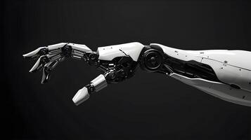 ai generiert futuristisch Roboter Hand erreichen aus auf schwarz Hintergrund foto