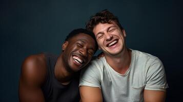 ai generiert zwei männlich Beste freunde Lachen zusammen - - ai generiert foto
