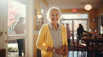 ai generiert Alten Oma lächelnd beim Pensionierung Zuhause - - generiert mit ai foto