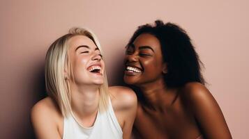 ai generiert zwei weiblich Beste freunde Lachen zusammen - - ai generiert foto