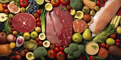ai generiert anders Typen von Fleisch, Gemüse, und Früchte legen im Supermärkte. generativ ai foto