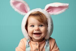 ai generiert ein süß Baby tragen Ostern Hase Ohren mit Ostern Eier und bunt Hintergrund. generativ ai. foto