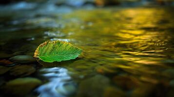 ai generiert ein Blatt schwebend im ein Strom von Wasser foto