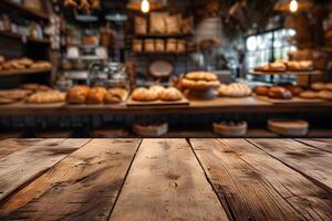 ai generiert leeren hölzern Tischplatte mit verschwommen Bäckerei Geschäft Hintergrund foto