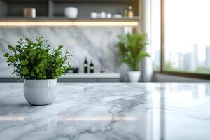 ai generiert Marmor Stein Arbeitsplatte im ein stilvoll Küche Innere foto