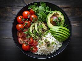 ai generiert Lachs Sack Schüssel Avocado Kirsche Ei und Reis auf dunkel Hintergrund mit Essstäbchen foto