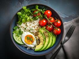 ai generiert Lachs Sack Schüssel Avocado Kirsche Ei und Reis auf dunkel Hintergrund mit Essstäbchen foto