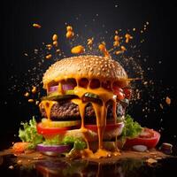 ai generiert Essen zum schnell Essen im bilden von köstlich heiß hausgemacht Burger mit Fleisch Schnitzel und Gemüse foto