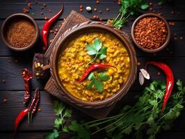 ai generiert traditionell indisch Suppe Linsen. indisch dhal würzig Curry im Schüssel, Gewürze, Kräuter, rustikal schwarz hölzern Tabelle foto