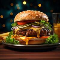 ai generiert Essen zum schnell Essen im bilden von köstlich heiß hausgemacht Burger mit Fleisch Schnitzel und Gemüse foto