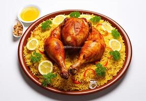 ai generiert ein Teller von Essen mit ein Hähnchen und Reis Gericht auf es foto
