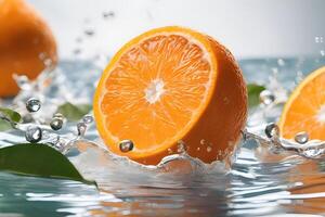 ai generiert Orange mit Schnitt im Hälfte schwebend im Wasser durch ai generativ foto