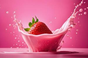 ai generiert ein Erdbeere ist fallen in ein Erdbeere Milch flüssig, Erdbeere Milch Bad Fotografie durch ai generativ foto