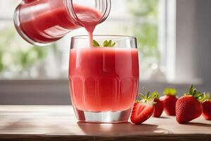 ai generiert frisch gedrückt Erdbeere Saft Gießen in ein Glas durch ai generativ foto