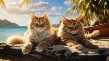 ai generiert Gruppe von Katzen Sitzung auf das Sand beim das Strand im sonnig Tag foto