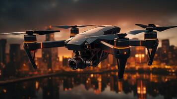 ai generiert Drohne mit Digital Kamera fliegend Über das Stadt foto