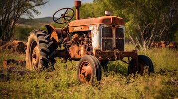 ai generiert alt rostig Traktor im das Feld. Foto im alt Farbe Bild Stil.