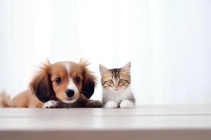ai generiert süß wenig Kätzchen und Hund auf Zuhause Innere Hintergrund foto