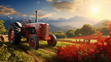 ai generiert Traktor auf ein Wiese mit rot Blumen beim Sonnenuntergang foto