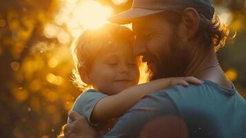 ai generiert Vater und Sohn umarmen im das Park beim Sonnenuntergang. glücklich Familie. foto