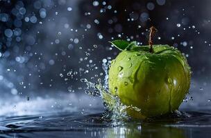 ai generiert rot Apfel fallen in Wasser mit Spritzen und Bokeh Hintergrund. foto