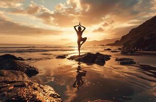 ai generiert Yoga Frau meditieren auf das Strand beim Sonnenuntergang. gesund Lebensstil foto
