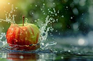 ai generiert rot Apfel fallen in Wasser mit Spritzen und Bokeh Hintergrund. foto