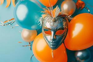 ai generiert Karneval Maske mit Orange Luftballons auf ein Blau Hintergrund. Urlaub Konzept. foto