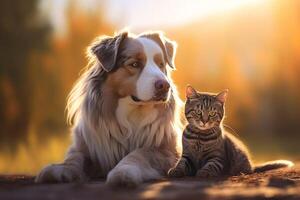 ai generiert Porträt von Katze und Hund glücklich freunde Sitzung zusammen. Haustiere Freundschaft foto
