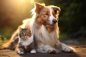 ai generiert Porträt von Katze und Hund glücklich freunde Sitzung zusammen. Haustiere Freundschaft foto