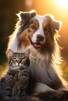 ai generiert Porträt von Katze und Hund glücklich freunde Sitzung zusammen. Haustiere Freundschaft foto