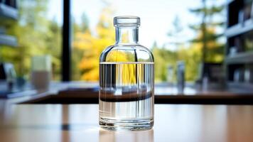 ai generiert Glas Flasche von Wasser auf ein Tabelle im ein Leben Zimmer mit ein Fenster im das Hintergrund. foto