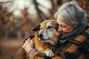 ai generiert ein Porträt von ein glücklich Senior älter mit ein Hund, das Alten mit Haustier foto