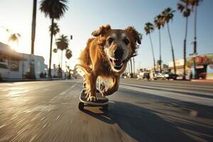 ai generiert Skateboarding Hund. komisch Hund Fahrten Skateboard auf das Straße im Sommer- Stadt foto