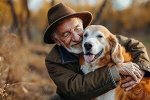 ai generiert ein Porträt von ein glücklich Senior älter mit ein Hund, das Alten mit Haustier foto