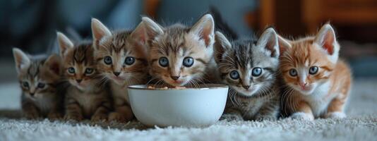 ai generiert ein Gruppe von Kätzchen versammelt um ein Weiß Schüssel von Essen foto