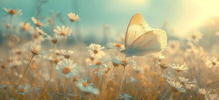 ai generiert ein Schmetterling ruht im ein grasig Feld mit Gänseblümchen foto