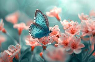 ai generiert ein Blau Schmetterling ist fliegend im in der Nähe von ein Rosa Blume foto