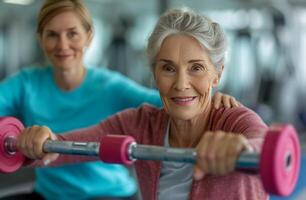 ai generiert ein Senior Frau ausüben mit ein Arzt foto