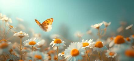 ai generiert ein Antenne Aussicht von Gänseblümchen und ein Schmetterling fliegend über ein Blau Himmel foto