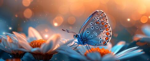 ai generiert ein Blau Schmetterling auf ein Blume mit Beleuchtung hinter es foto